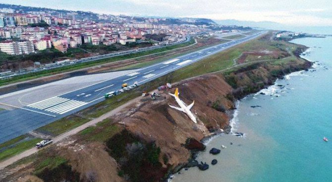 Турски самолет излезе от пистата и спря на метри от морето (снимки+видео)